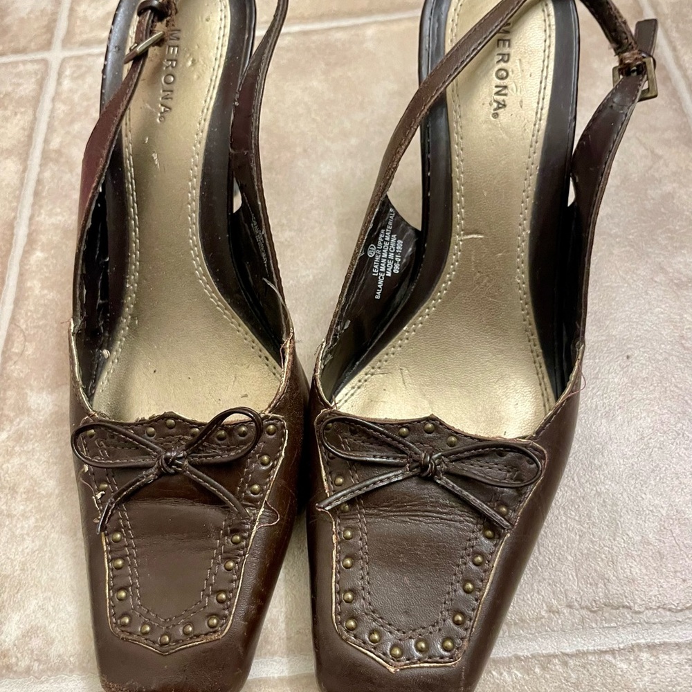 A New Day Brown  Leather Heels with Adjustable Slingback